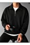 Uunisex Oversize Relaxed Fit Cotton Fleece Inside Half Zipper Black Stand Collar Sweatshirtt