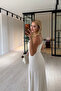 Draped Natural Beige Linen Dress with Shoulder Accessory Detail - 3