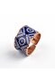 Copper Navy Blue White Badge Patterned Wide Form Adjustable Ring - 7