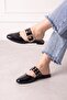 Salerno Black Wrinkled Patent Leather Gold Buckle Thick Strap Closed Front Women's Slippers - 3