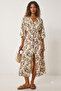Women's Patterned Summer Double-Breasted Collar Slit Ankle-Length Dress 10E-2407