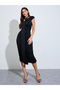 Black Ruched Midi Dress with Metal Decor - 2