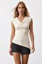 Women's Ecru Degaje Collar Lycra Asymmetrical Cut Viscose Knitted Blouse Alc-X15577