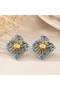 Blue and White Marble Patterned Square Sun Figured Gold Detailed Women's Earrings - 2