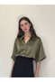 Satin Look Retro Model Loose Short Sleeve Shirt Women's Khaki - 6
