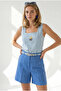 Women's Baby Blue Square Collar Embroidered Linen Blouse Blz-19003411 - 2