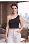 Women's Black One-Shoulder Diver Bustier Crop Top, Flexible and Stylish Design - 6