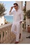 White Flared Linen Judge Collar Breathable Shirt Elastic Waist 3 Pockets Comfortable Seasonal Trousers Set of 2 - 5