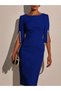 Women's Short Slit Sleeves Pearl Detailed Round Neck Midi Imported Crepe Dress - 2