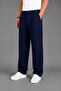 Men's Navy Blue Modern Cut Pleated Wide Leg Fabric Trousers - 3