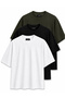 3-Pack Unisex White-Black-Khaki Oversize T-Shirt Set - Crew Neck Basic T-Shirt