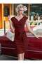 Women's Short Sleeve Gathered Short Imported Crepe Dress with Belt at the Waist - 4