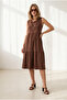 Women's Brown Crew Neck Segmented Sleeveless Cotton Dress Elb-19002665 - 2