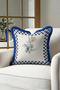 Floral Design Stylish Checkered Framed Fringed Pillow Cover - Navy Blue Tassel Throw Pillow Cover - 4
