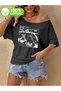 Women's  Cat Printed Boat Neck Off Shoulder 100% Cotton T-Shirt