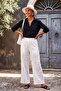 White Lined Brodele Mesh Detailed Elastic Waist Casual Openwork Knitted Woven Trousers 100 65 - 4