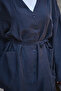 Women's Double Pocket V-Neck Buttoned Waist Tie Suit Navy Blue - 5