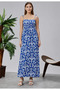 Patterned Cotton Long Summer Blue Patterned Women's Dress - Shoulder Tie Strap Gathered Gipeli Women's Comfortable Dress