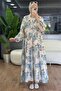 Women's Blue Judge Collar Buttoned Viscose Floral Patterned Hijab Dress Nms099