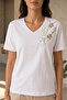 Women's Plus Size White Off-Shoulder Floral Sequin Embroidered 100% Cotton Combed Blouse - 2