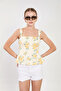 Women's Thick Strap Blouse with Ruffled Hem - Yellow Floral - 3