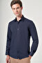 Navy Blue Hard Collar Long Sleeve Pocketless Slim Fit Flexible Water Repellent Shirt 1004260234 - 3