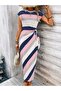 Women's Short Sleeve Crew Neck Belted Waist Long Single Jersey Dress - 2