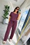 Women's Short Sleeve Crew Neck Viscose Two-Thread Blouse and Pants Two-Piece Set - 3