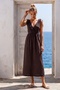Brown Double-Breasted Collar Sleeveless Robe with Elastic Shoulder Gathering Casual Muslin Long Woven Dress 120 52 - 5