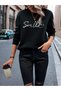 Women's Black Smile Printed Crew Neck Oversize Sweatshirt - 3
