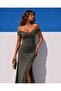 Khaki Glittery Boat Neck Slit Fish Model Evening Dress 582013 - 2