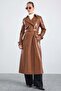 Leather Trench Coat with Cape Detail and Snap Closure Taba 6875 - 5