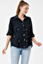 Women's Black Italian Floral Embroidered Sequined Foldable Long Sleeve Oversize Poplin Shirt Size 40 - 44