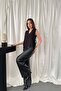 Women's Black Buttoned Side Lace-Up V-Neck Sleeveless Woven Vest - 3