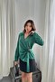 Women's Green Satin Blouse Shirt Lapel Collar Double Breasted Button Detail Long Sleeve - 2