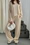 Women's Beige Sweatshirt-Pants Set Ribbed Textured Oversized Crewneck Sweatshirt and Wide Leg Pants - 4