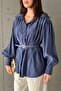 Women's Navy Blue Modal Shirt with Belt, Buttoned Balloon Sleeves, Cuffed Long Sleeves - 4
