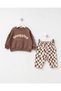 Unisex Baby Punch Embroidered Sweatshirt and Checkerboard Pattern Pants Set - 2