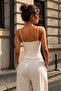 Women's Beige Ribbed Strap Blouse V-Neck Bead Detailed Slim Fit Crop - 2