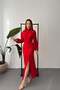 Women's Red Long Sleeve High Neck Gathered Slit Maxi Pencil Dress - 2
