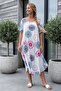 Italian White-Beige Pool Collar Short Sleeve Flared Cut Printed Casual Viscose Long Woven Dress 120 62 - 6