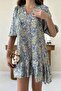 Women's Green Satin Mini Dress V-Neck Patterned Flounce Short Sleeve - 4