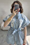Embroidered Front with Belt Long Light Blue Denim Vest - 2