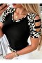 Women's Short Sleeve Round Neck Viscose Blouse with Stripe Detail on the Sleeves and Leopard Print - 4