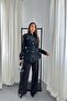 Women's Black Garnished Pocketed Belted Shirt Pants Set Wide Leg