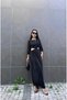 Women's Black Pleated Maxi Dress Boat Neck Long Balloon Sleeves Low-Cut Waist