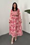 Women's Pink Floral Patterned Piping Shirt Collar Buttoned Long Sleeve Midi Dress - 2