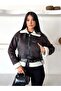 Trend Laminated Coat with Plush Leather Sleeves - 3