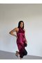 Women's Burgundy Halter Neck Lace Embroidered Asymmetrical Satin Blouse Hzl26S-Fry123901 - 4