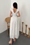 Women's Ecru Embroidered Square Neck Ruffle Sleeve Belted Midi Dress - 5